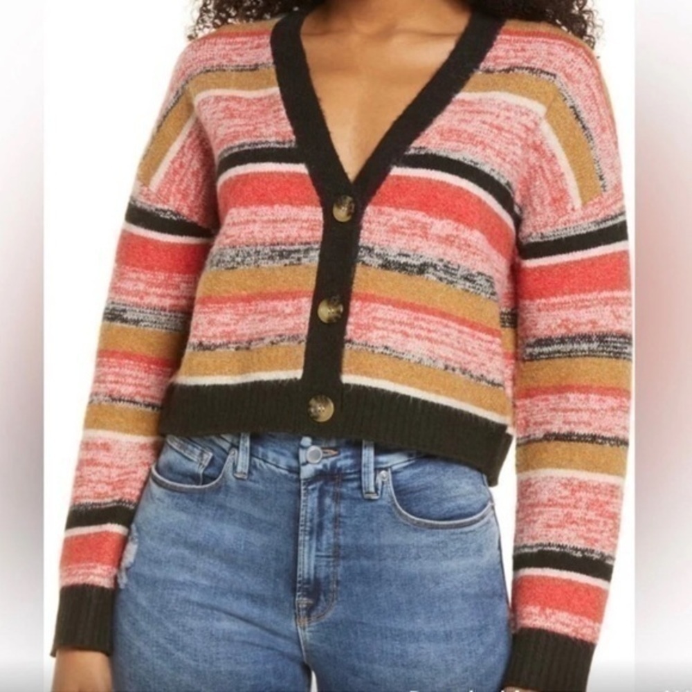 NWT BP. Crop Recycled Blend Knit Cardigan In Black Marl Striped V-Neck Size M